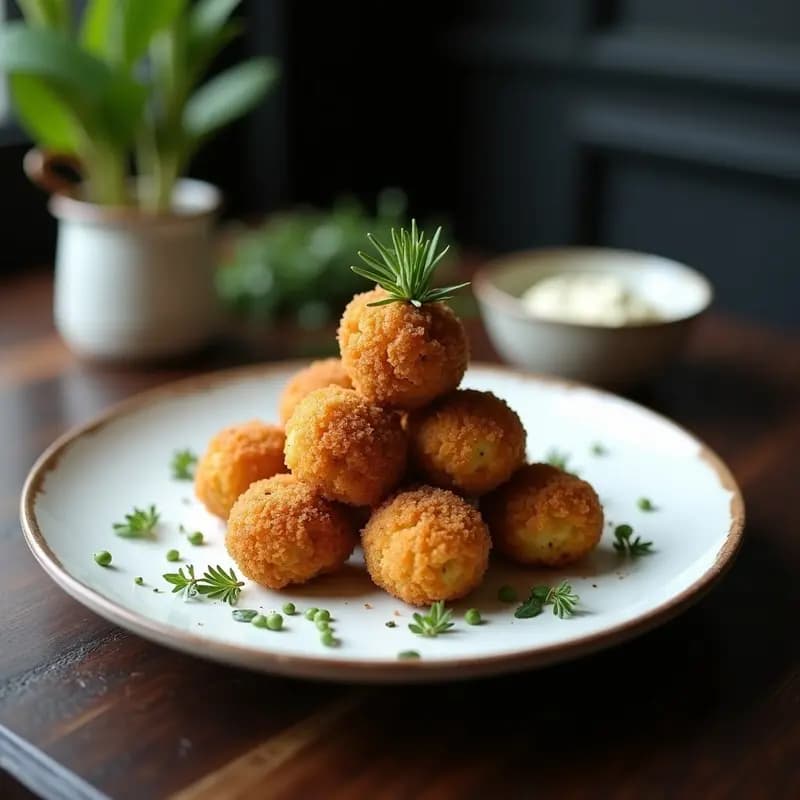Arancini de quinoa y hongos portobello dorados y crujientes, apilados en un plato blanco rústico con hierbas frescas y una salsa cremosa al lado, receta italiana sin arroz y alta en fibra.