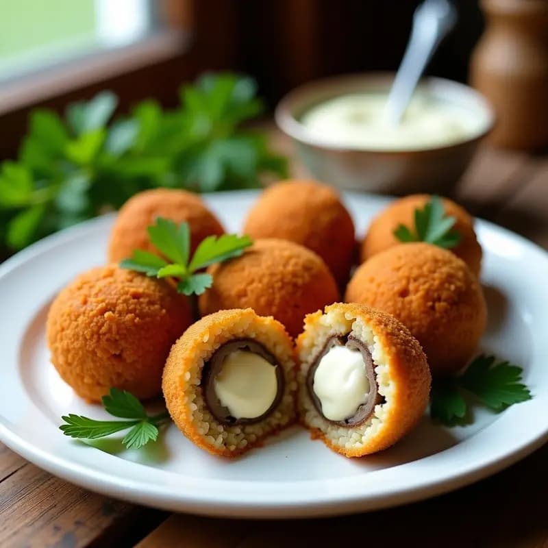 Arancini de risotto de champiñones dorados y crujientes servidos en un plato de cerámica blanca, con salsa de yogur y hierbas frescas al lado, receta de bolas de arroz italianas gourmet.