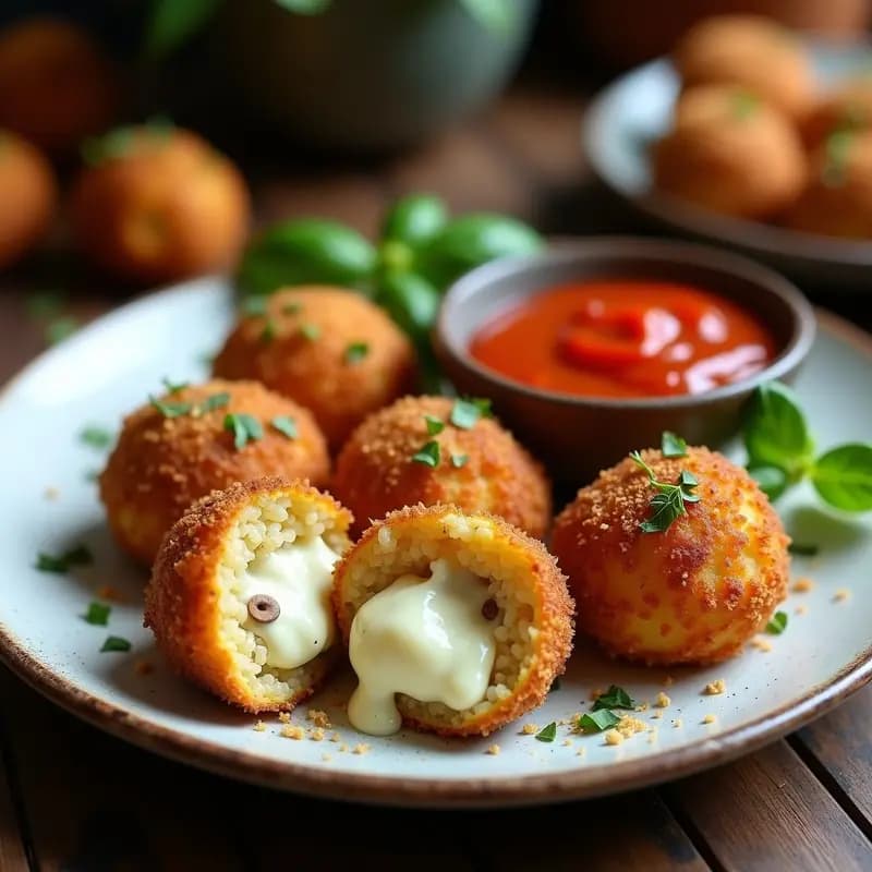 Arancini de risotto de champiñones dorados en airfryer, cortados por la mitad mostrando el corazón de mozzarella vegana derretida, sobre fondo de madera rústica con hojas de romero.