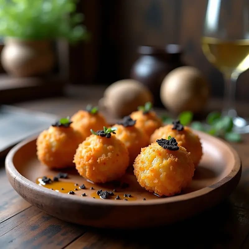 Arancini dorados y crujientes de risotto de hongos porcini y trufa negra, servidos en un plato de madera rústico con virutas de trufa negra y un hilo de aceite de trufa, aperitivo italiano gourmet.