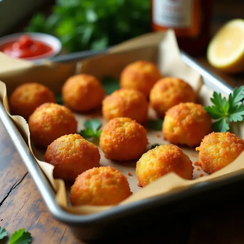 Bandeja de arancini de risotto con queso mozzarella al horno, dorados y crujientes por fuera, con el queso fundido asomando en el interior, servidos sobre papel de horno rústico con hierbas frescas de decoración.