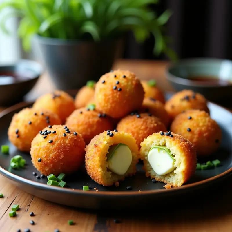 Arancini japoneses dorados y crujientes en airfryer, rellenos de queso Philadelphia y wasabi, con semillas de sésamo negro y cebollino, servidos en plato de cerámica con salsa de soja.