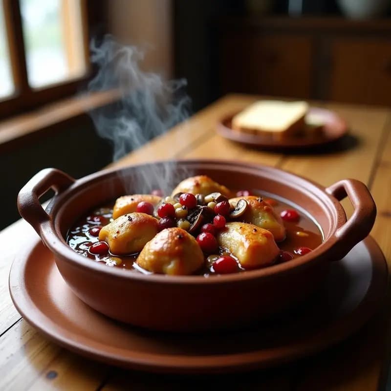 Cazuela de barro humeante con arandes con pollo y setas, trozos de pollo dorado, setas brillantes y arándanos dispersos, sobre fondo rústico de madera con pan de pueblo.