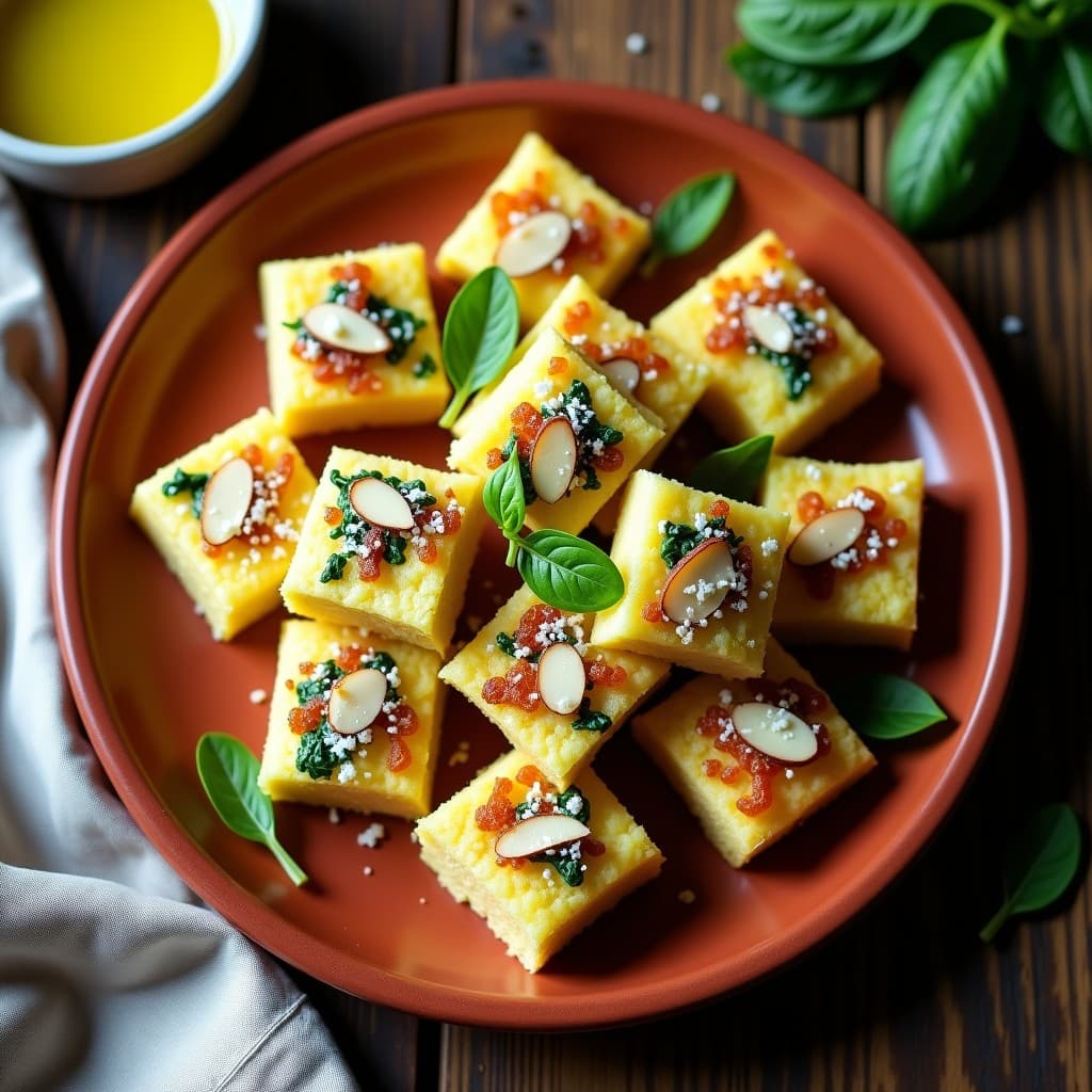 Areas de polenta doradas y crujientes rellenas de espinacas y queso de cabra, servidas en un plato blanco con hojas de albahaca fresca, receta italiana en airfryer.