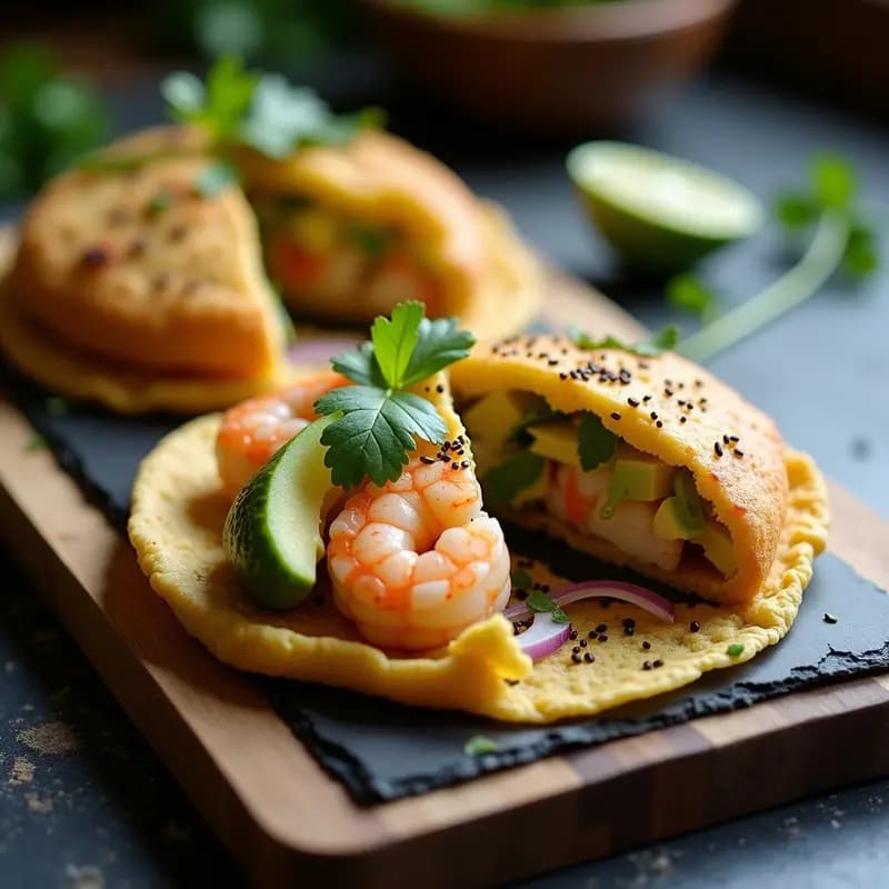 Arepa dorada de harina de almendra abierta por la mitad, rellena de camarones jugosos marinados en limón y ajonjolí, aguacate cremoso en cubos, cebolla morada y cilantro fresco. Plato gourmet keto con toques colombianos, servido sobre tabla de madera rústica.