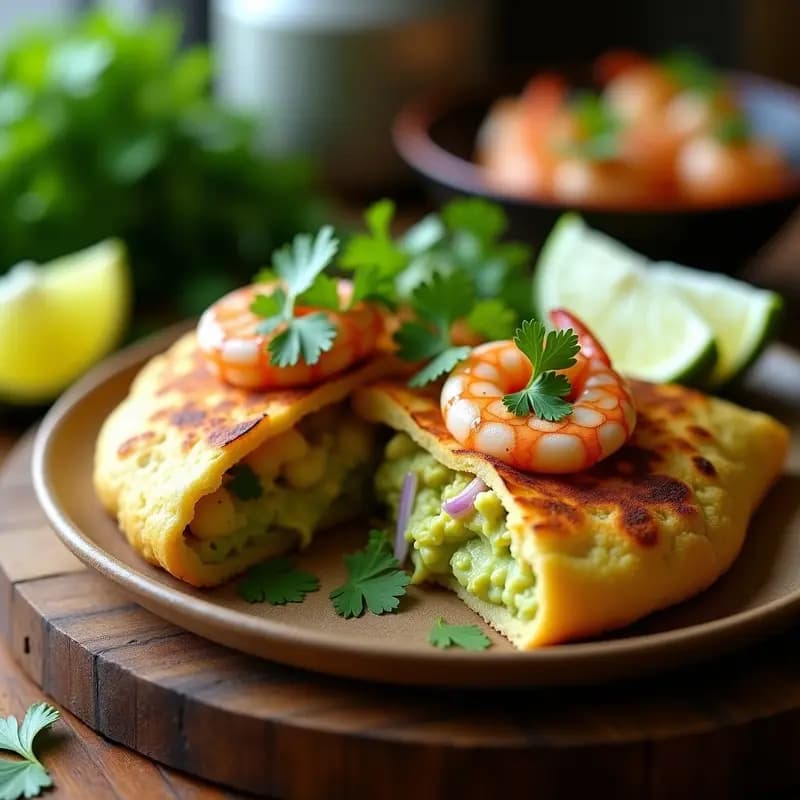 Arepa venezolana dorada y crujiente abierta por la mitad, rellena de aguacate cremoso verde y camarones salteados con ají dulce, cilantro fresco y cebolla morada. Plato servido en un mantel rústico con limones y hierbas al lado.