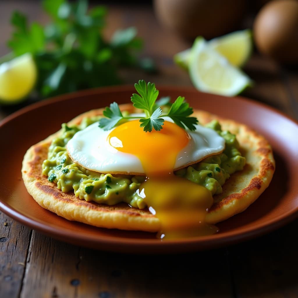Arepa colombiana dorada y crujiente rellena de aguacate cremoso verde, huevo pochado con yema líquida amarilla brillante, queso fresco blanco desmenuzado y cilantro fresco picado, sobre un plato de cerámica rústica con fondo de madera oscura.