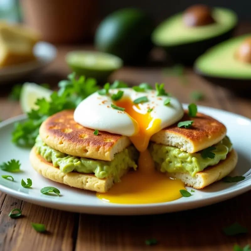 Arepa dorada de harina de almendra y coco abierta por la mitad, rellena de puré de aguacate cremoso y coronada con un huevo poché de yema líquida, decorada con cilantro fresco y un hilo de aceite de oliva sobre fondo rústico de madera.