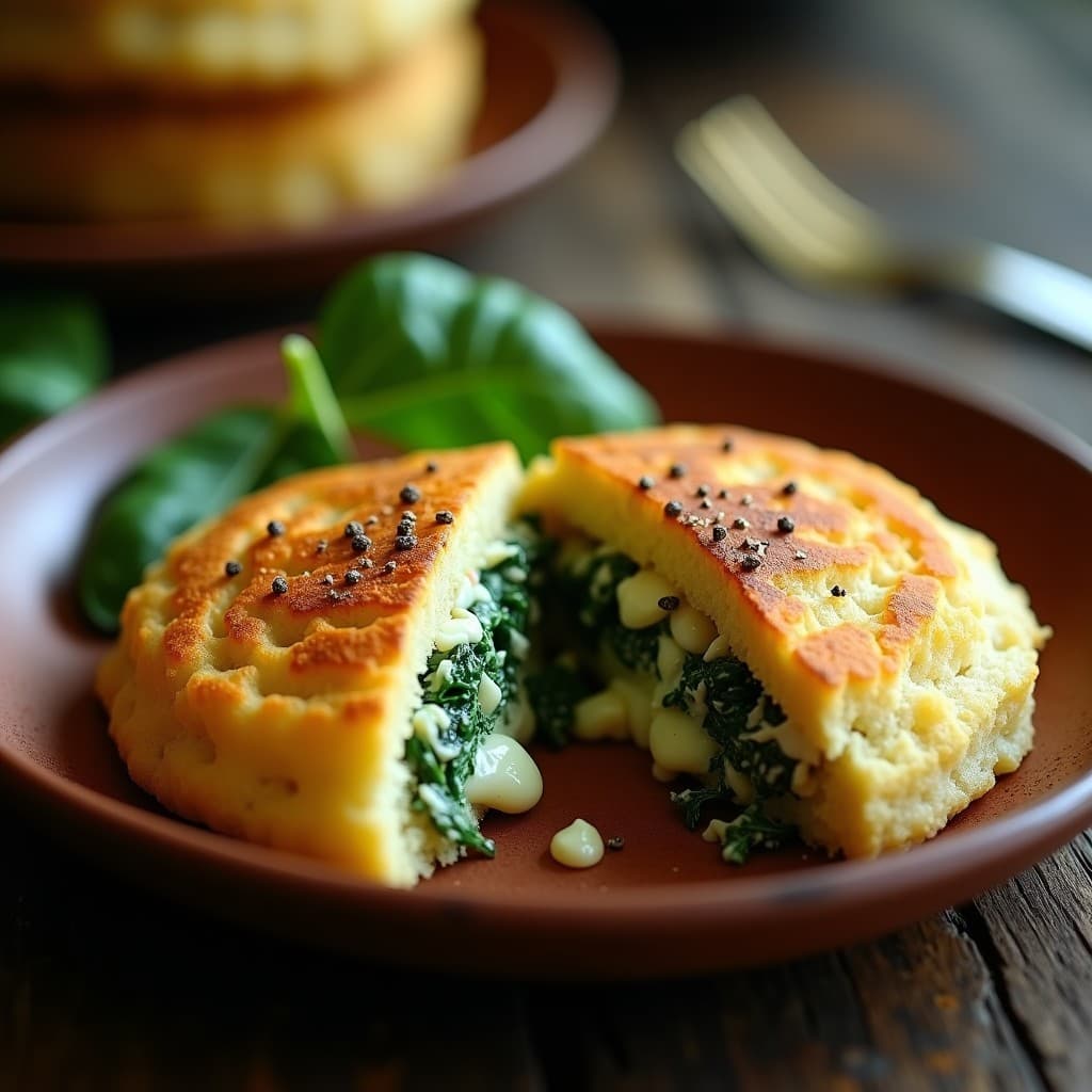 Arepa dorada y crujiente de harina de arroz abierta por la mitad, rellena de espinacas salteadas y queso vegano cremoso de semillas de calabaza, servida en plato de barro con fondo rústico.