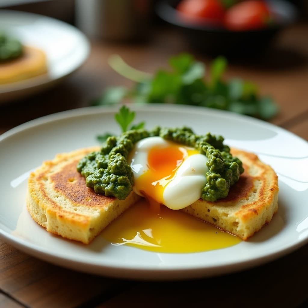 Arepa dorada de harina de arroz abierta por la mitad, rellena de huevo pochado con yema líquida y pesto verde de cilantro, servida en plato blanco sobre fondo rústico de madera. Desayuno colombiano sin gluten.