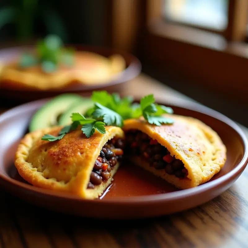 Arepa venezolana dorada y crujiente rellena de pabello criollo de berenjena vegano, acompañada de rodajas de aguacate y cilantro fresco, servida en plato rústico de barro.