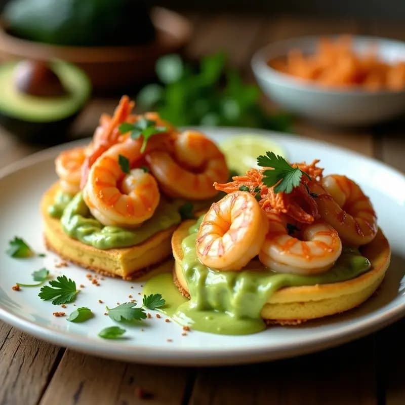 Arepa venezolana dorada y crujiente abierta por la mitad, rellena de camarones jugosos y guasacaca cremosa de aguacate, servida en un plato de cerámica blanca con fondo rústico.