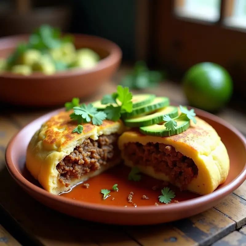 Arepa colombiana dorada y esponjosa abierta por la mitad, rellena de carne desmechada jugosa, rodajas de aguacate verde cremoso y cilantro fresco, servida en plato de barro con fondo rústico.
