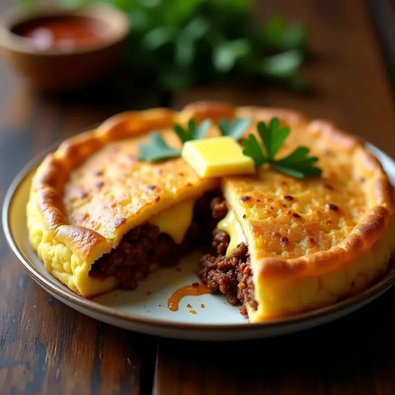 Arepa colombo-venezolana dorada y crujiente rellena de carne mechada jugosa y queso guayanés derretido, servida en plato rústico con fondo de madera oscura.