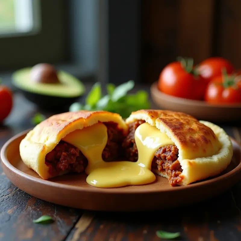 Arepa dorada y crujiente rellena de carne mechada jugosa y queso mozzarella fundido, servida en plato rústico con rodajas de aguacate, receta venezolana tradicional en sartén.
