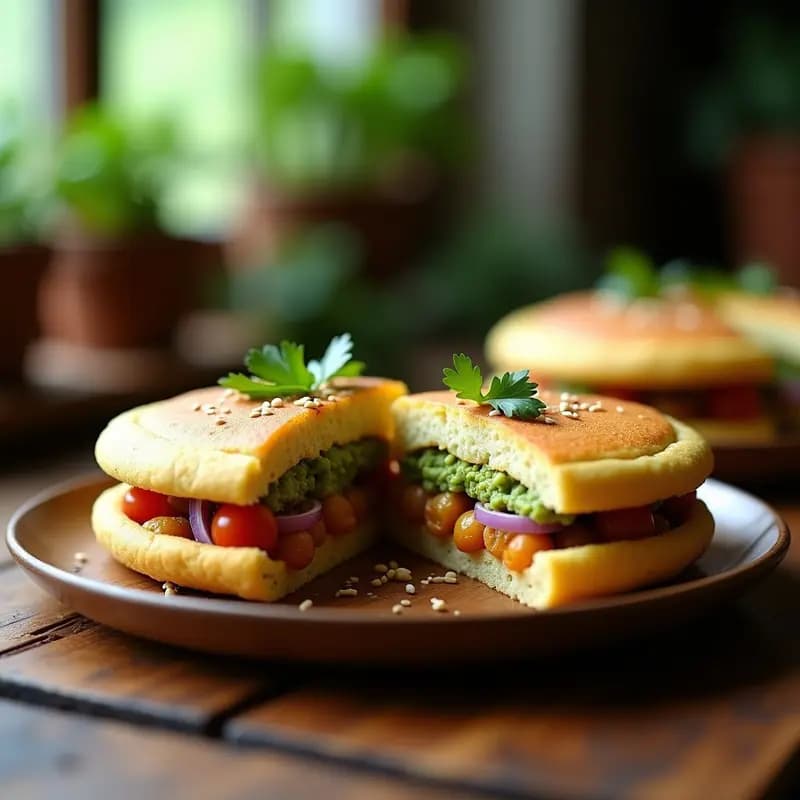 Arepa dorada de chía y aguacate con relleno de garbanzos, decorada con semillas de sésamo y cilantro fresco, servida en un plato de barro rústico. Receta venezolana vegana y sin harina.