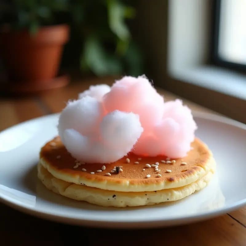 Arepa keto de chía dorada con semillas de sésamo, decorada con algodón de azúcar sin azúcar, sobre un plato blanco rústico con fondo de madera.