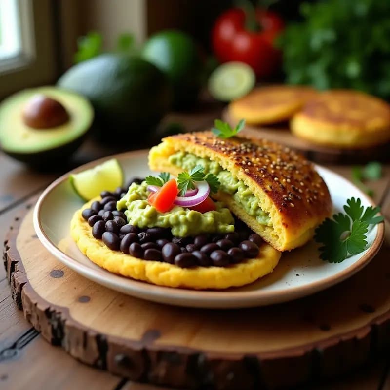 Arepa dorada de chía y maíz abierta por la mitad, rellena de guacamole cremoso con trozos de aguacate y tomate, acompañada de frijoles negros especiados. Plato tradicional colombiano sin gluten sobre fondo rústico de madera.