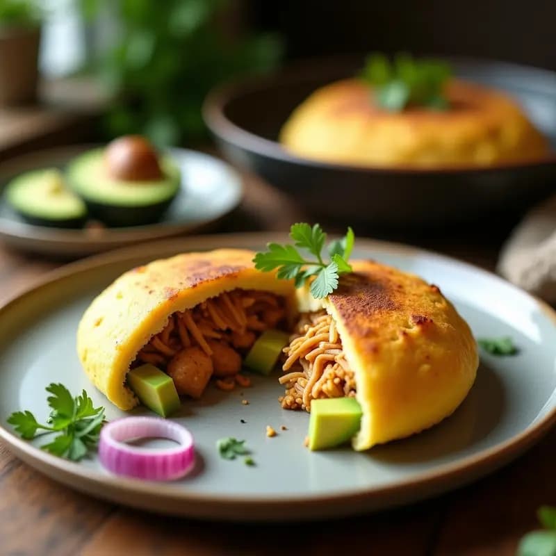 Arepa keto de chía y maíz morado cortada por la mitad, rellena de pollo desmenuzado dorado y cremoso aguacate con trocitos de cebolla morada y cilantro fresco, sobre un plato de madera rústico con fondo borroso de cocina tradicional colombiana.