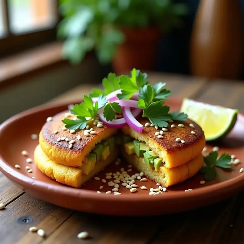 Arepa dorada y crujiente de chía y plátano macho, cortada por la mitad y rellena de aguacate, cebolla morada y cilantro fresco, sobre un plato de barro rústico con semillas de sésamo visibles en la superficie.