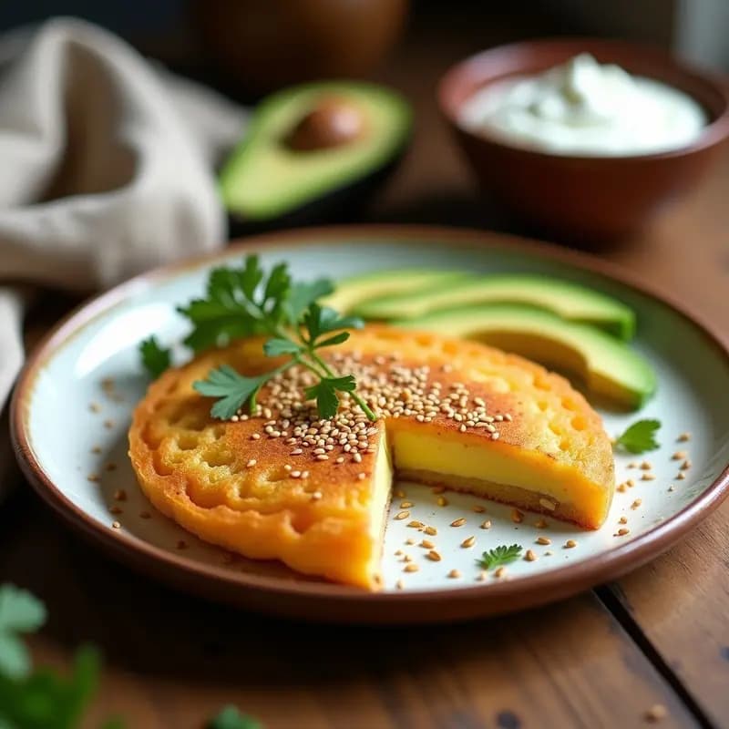 Arepa dorada y crujiente de chía y queso de soja, espolvoreada con semillas de sésamo, servida en un plato rústico con aguacate en rodajas y hierbas frescas al lado. Receta keto y sin harina para desayuno.