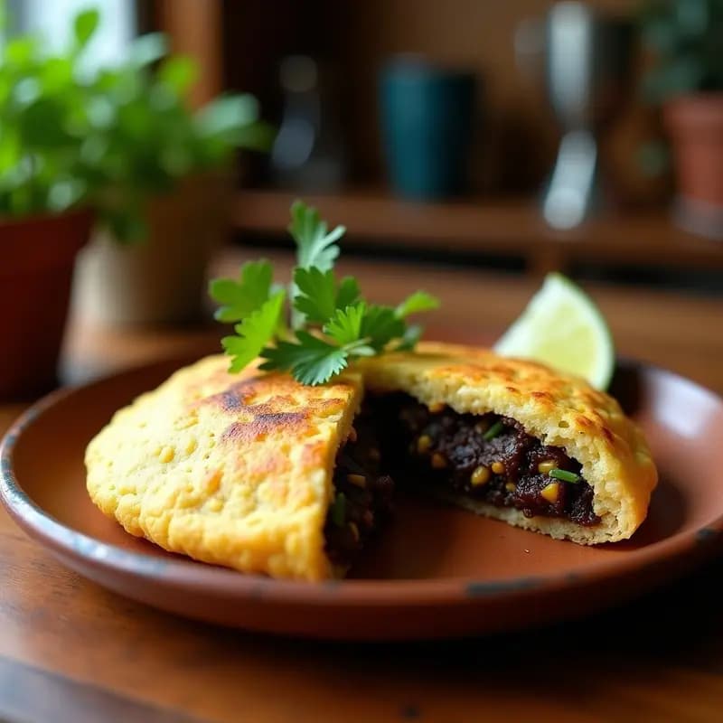 Arepa dorada de chía y queso vegano abierta por la mitad, rellena de huitlacoche salteado con cebolla morada y pimentón, espolvoreada con queso vegano derretido y cilantro fresco. Plato gourmet colombiano sobre fondo rústico de madera.