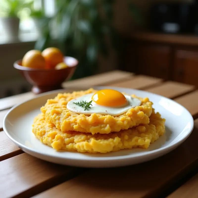 Arepa de choclo dorada y esponjosa con queso costeño derretido, coronada por un huevo frito con yema líquida sobre fondo rústico de madera. Desayuno colombiano tradicional y reconfortante.