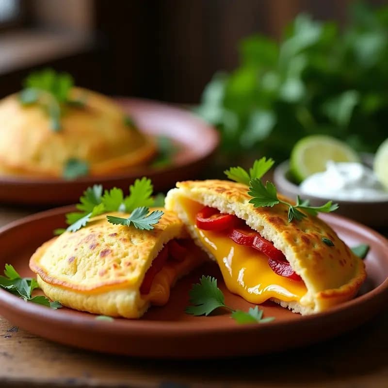 Arepa dorada de choclo abierta por la mitad, mostrando su relleno derretido de queso de cabra y tiras de pimientos asados rojos, decorada con hojas de cilantro fresco sobre un plato rústico de barro.