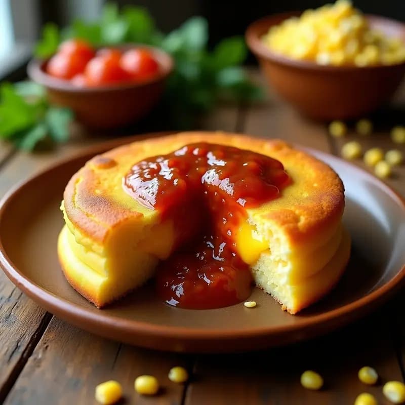 Arepo de choclo dorado relleno de queso costeño derretido, servido en plato rústico con hogao espeso a base de tomate y cebolla. Receta colombiana tradicional de maíz tierno.