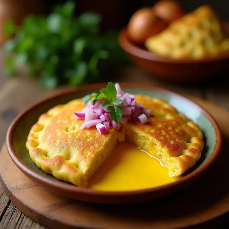 Arepa de choclo dorada y esponjosa abiertas por la mitad, rellenas de queso vegano de cúrcuma cremoso, láminas de aguacate y cilantro fresco, sobre un comal de barro con fondo rústico.