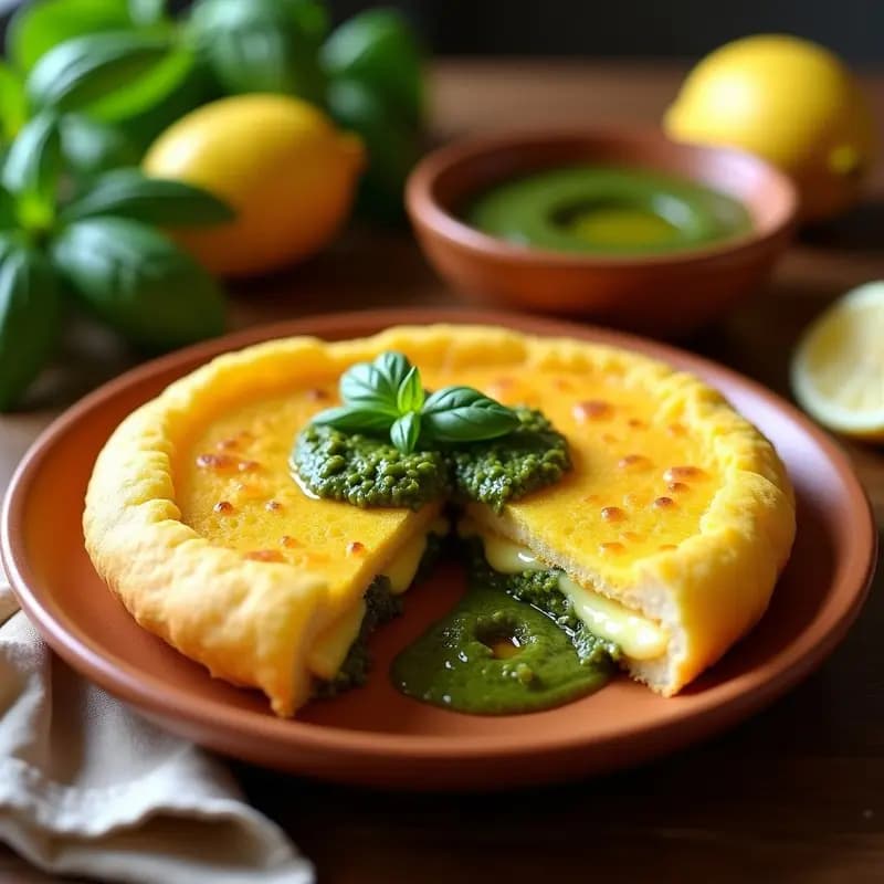 Arepa de choclo dorada rellena de queso farmer derretido, coronada con pesto de albahaca verde brillante y hojas frescas de albahaca, servida en plato rústico de barro.