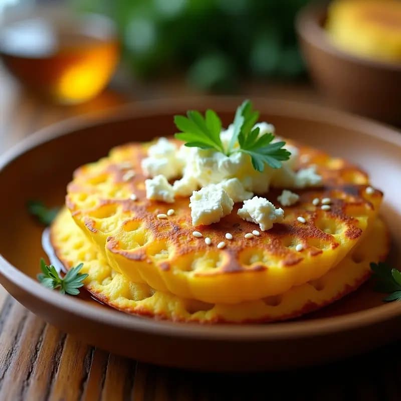 Arepa de choclo y queso feta dorada y crujiente en airfryer, con trozos de queso feta derretido en la superficie, decorada con eneldo fresco y un hilo de aceite de oliva sobre un plato rústico de barro.