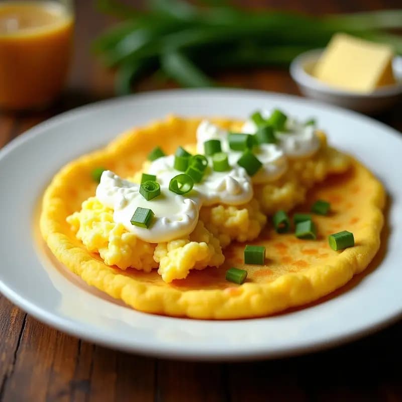 Arepa dorada de choclo rellena de queso fresco desmenuzado y cubierta con huevos revueltos esponjosos, servida en plato blanco con cilantro fresco. Desayuno colombiano tradicional y nutritivo.