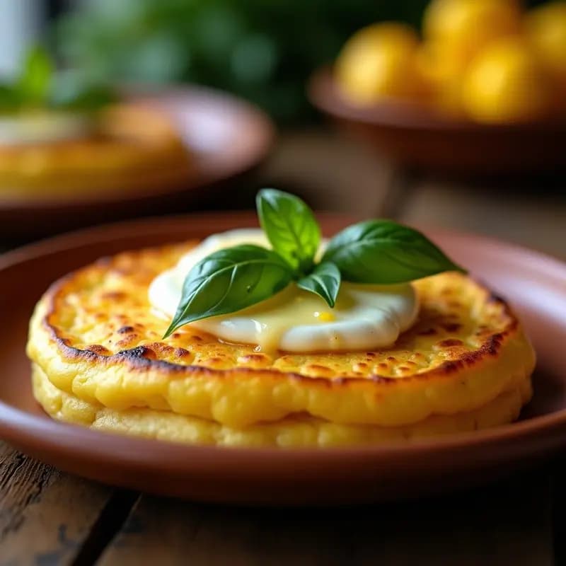 Arepa dorada de choclo y queso mozzarella con hojitas de albahaca fresca, servida en plato rústico de barro con fondo borroso de cocina tradicional venezolana.