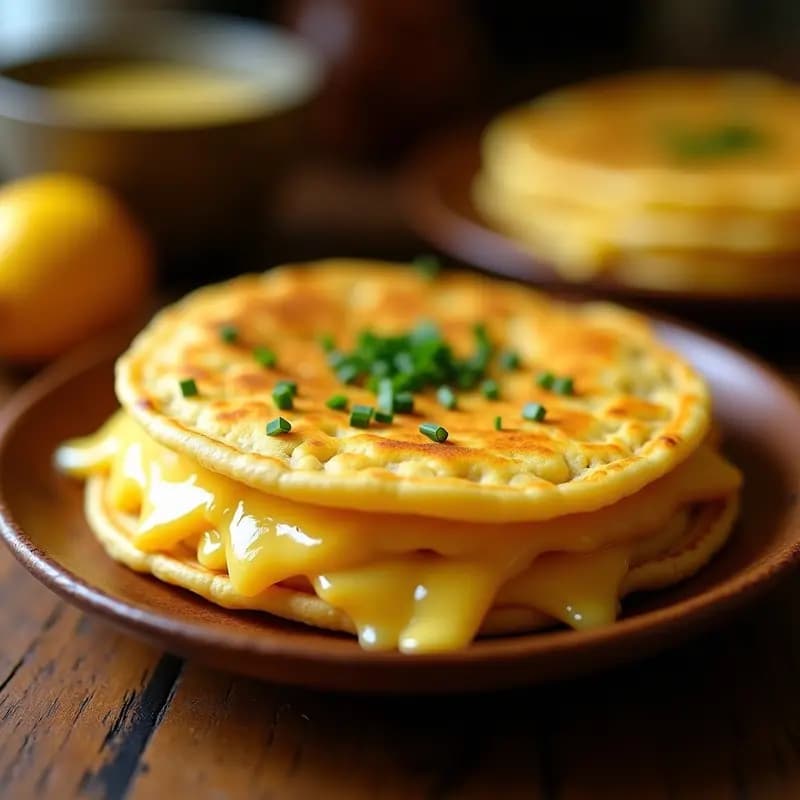 Arepa de choclo con queso quesadilla dorada por fuera, jugosa por dentro, con trozos de queso derretido visibles. Servida en plato rústico con cebollín fresco como decoración, receta venezolana dulce y salada.