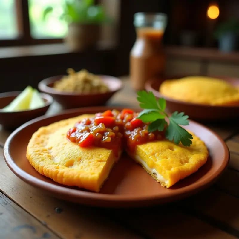 Arepa dorada de choclo y queso quesillo abierta por la mitad, rellena de queso derretido y hogao espeso, servida en plato de barro sobre mesa rústica de madera con fondo de cocina tradicional.