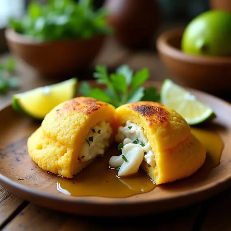 Arepa dorada de choclo rellena de pescado blanco, cortada por la mitad para mostrar su interior jugoso, acompañada de rodajas de limón y hojas de cilantro sobre un plato de madera rústico. Receta venezolana dulce-salada.