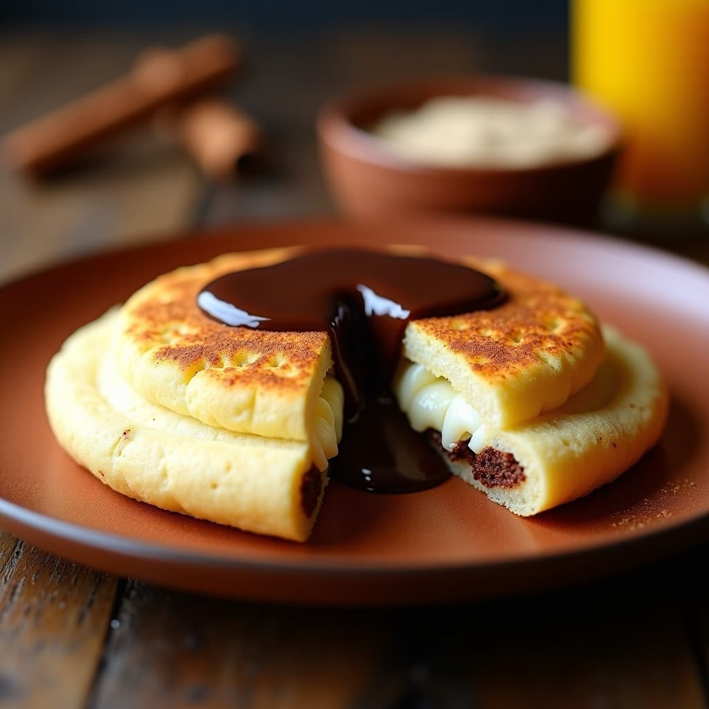 Arepa de chocolata oscura recién hecha, dorada y crujiente por fuera, rellena de queso fresco desmenuzado y mantequilla derretida, servida en un plato de barro sobre una mesa rústica con café humeante al fondo, desayuno colombiano dulce-salado.