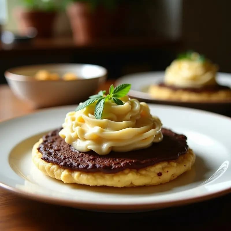 Arepa dorada y esponjosa rellena de queso de caju cremoso, con vetas de chocolatada vegetal, servida en plato de barro con fondo de cocina rústica. Receta de arepa de chocolatada y queso de caju vegano.