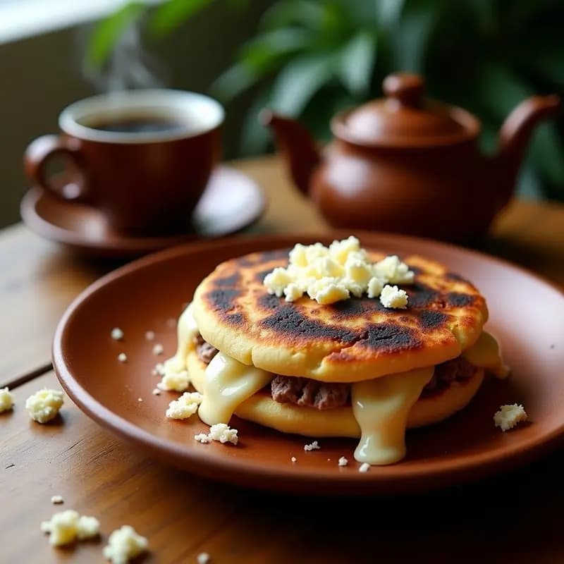 Arepa dorada y esponjosa cortada por la mitad, rellena de queso fresco desmenuzado, con un fondo rústico de madera y una taza de chocolatada espumosa al lado. Desayuno colombiano innovador sin horno.