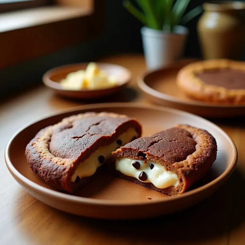 Arepa de chocolate y queso crema en airfryer, dorada y crujiente por fuera con chips de chocolate negro, cortada por la mitad para mostrar el relleno cremoso de queso fundido. Postre colombiano-venezolano servido en plato rústico con fondo borroso.