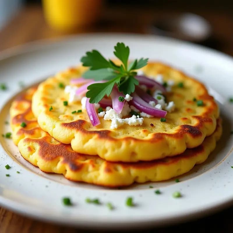 Arepa dorada de chócolo y queso fresco servida en plato de barro, con cebolla morada en juliana por encima y hojas de cilantro fresco. Receta colombiana sin gluten con toque gourmet.