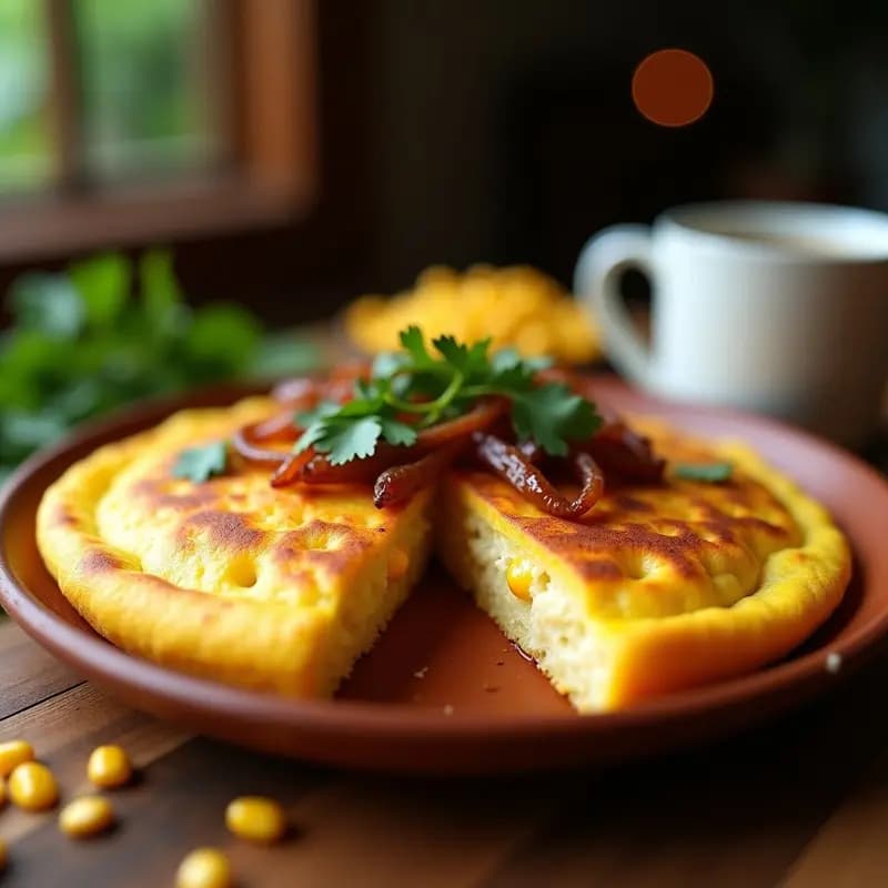 Arepa colombiana dorada y esponjosa de chócolo rellena de queso derretido, servida en plato de barro con toques de mantequilla y hierbas frescas, receta rápida y reconfortante.