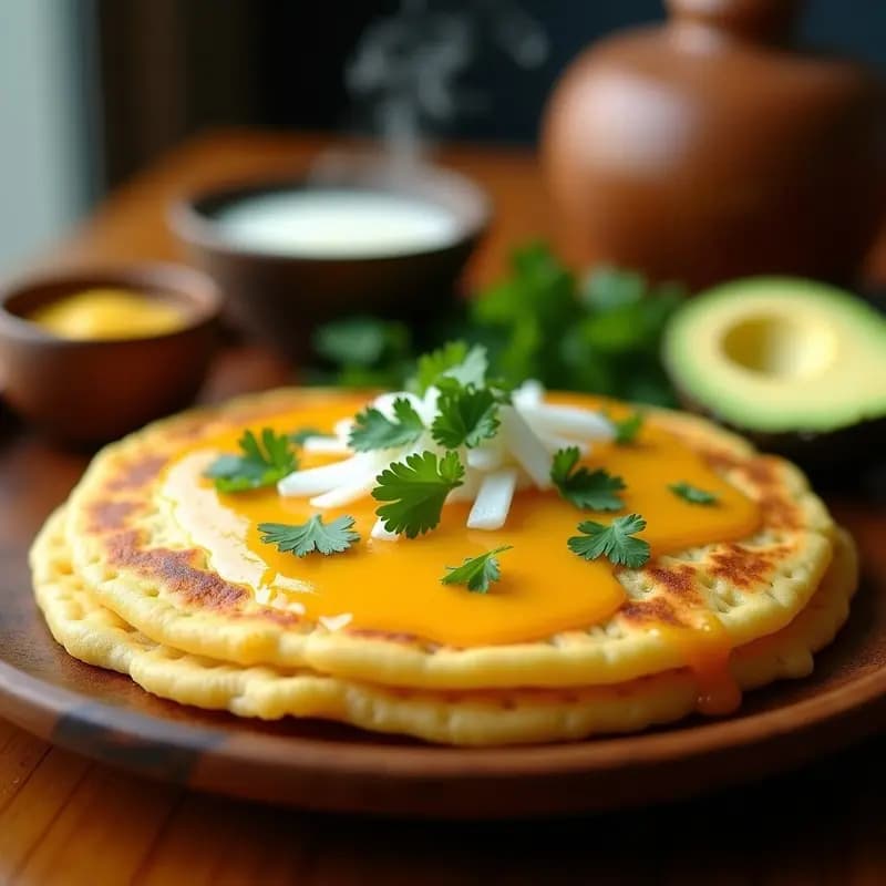 Arepa colombiana dorada por fuera, abierta por la mitad mostrando queso costeño derretido y cebolla sofrita en su interior, servida sobre un plato de barro rústico con fondo de cocina tradicional.