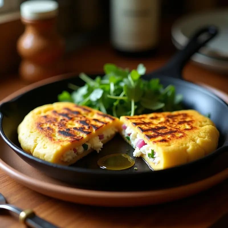 Arepa colombiana de maíz negro dorada en plancha, rellena de queso de oveja derretido y cilantro fresco, con textura crujiente por fuera y suave por dentro. Receta sin gluten tradicional.