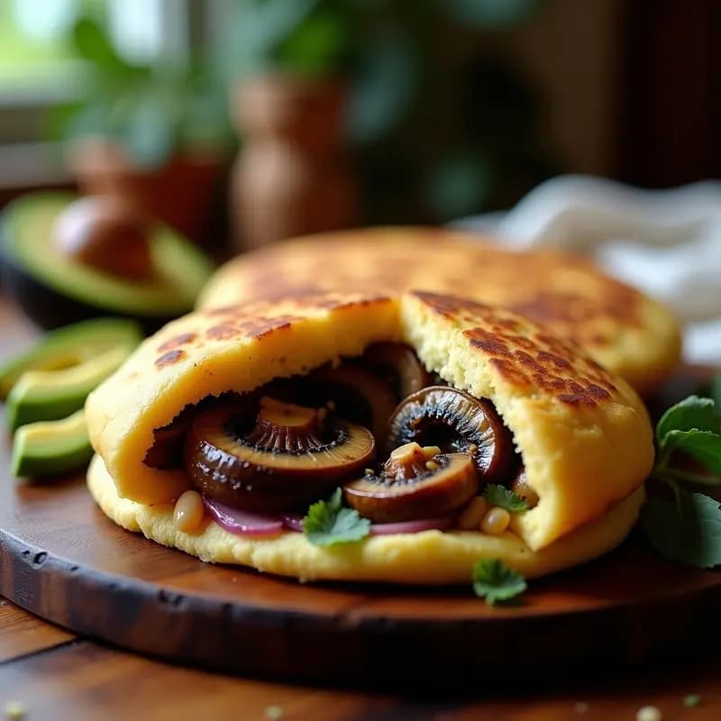 Arepa colombiana de ñame dorada y esponjosa, cortada por la mitad y rellena de láminas de hongo Portobello salteado con cebolla morada y ajo, acompañada de rodajas de aguacate. Plato rustico sobre fondo de madera oscura, receta sin gluten y alta en fibra.