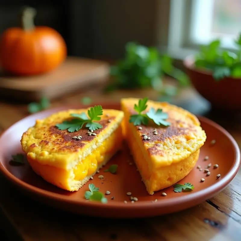 Arepa colombiana dorada y esponjosa de queso de ahuyama y semillas de chía, cortada por la mitad para mostrar su interior húmedo y amarillento, acompañada de hojas de cilantro fresco sobre un plato de barro rústico.