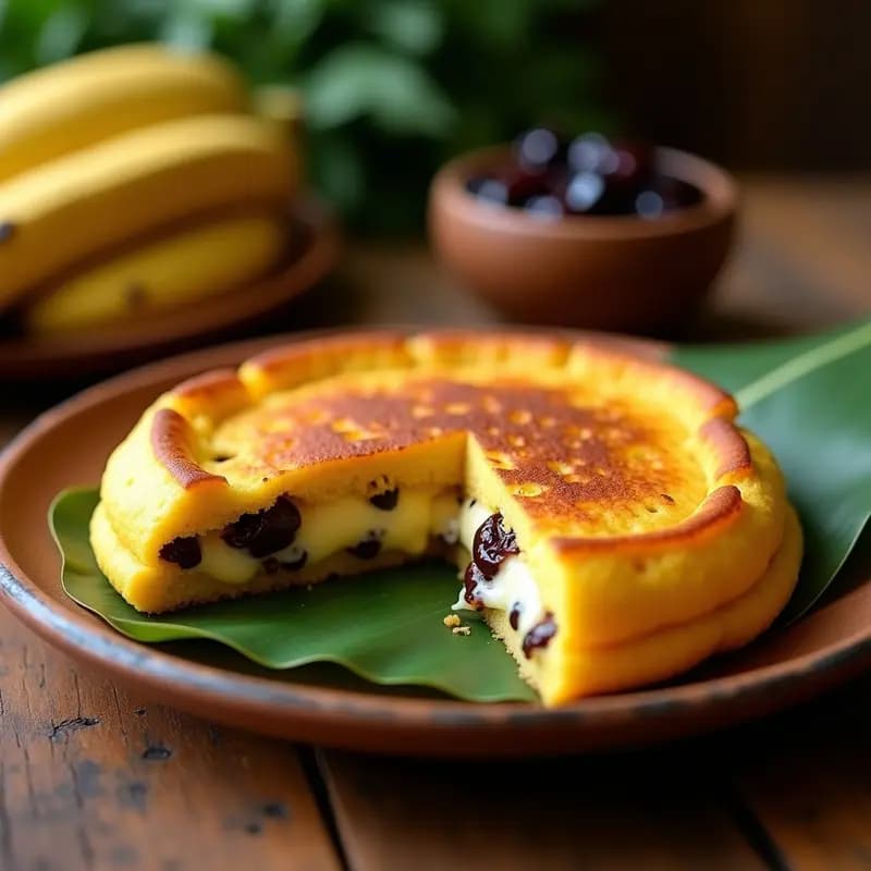 Arepa colombiana dorada y crujiente abierta por la mitad, rellena de queso costeño derretido, cebolla morada salteada y cilantro fresco, con trozos de chihuacle visible en la masa. Plato rústico de barro sobre fondo de madera.