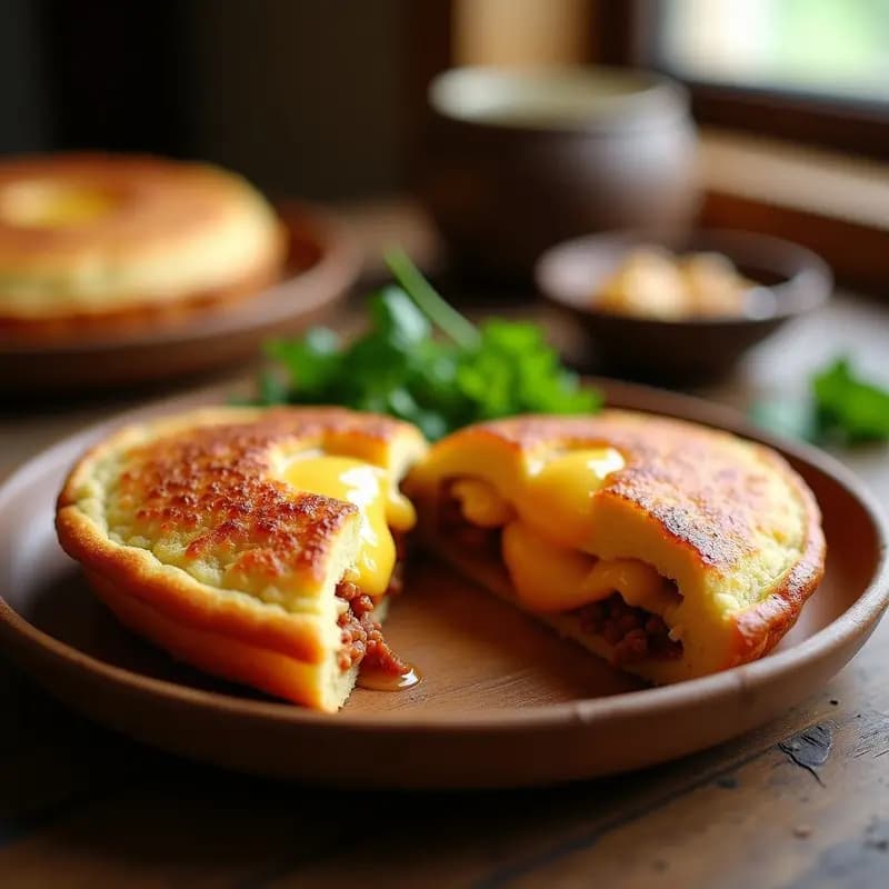 Arepa colombiana dorada y crujiente por fuera, cortada por la mitad mostrando su relleno de chorizo especiado y queso campesino derretido. Servida en un plato de barro con hojas de cilantro fresco.