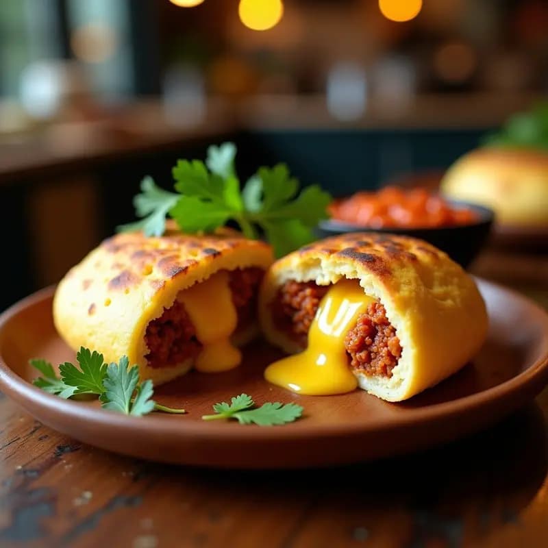 Arepa colombiana dorada y crujiente rellena de queso de puta fundido y chorizo criollo, servida en un plato rústico con cilantro fresco y ají picante al lado, receta street food tradicional.